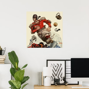 Vintage-Sportsfußballspieler und Bulldoggen-Maskot Poster