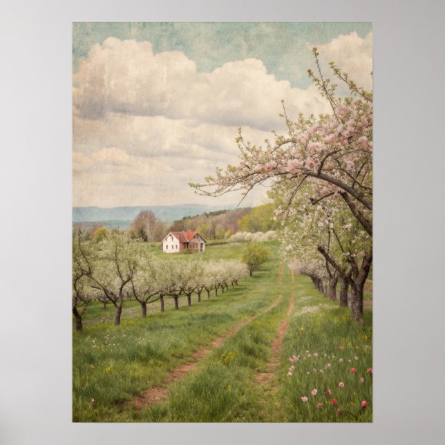 Vintage Spring Blossom Orchard Cottage Art Poster (Vorne)