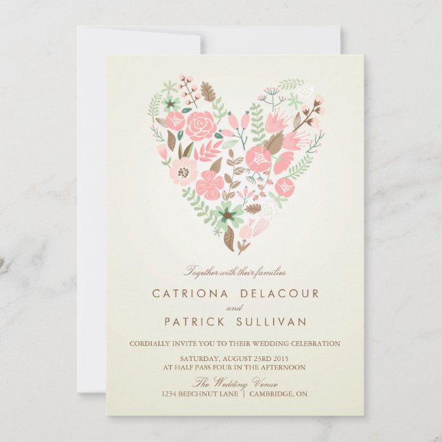 VINTAGE SPRING FLORAL HEART WEDING INVITATION EINLADUNG (Vorderseite)