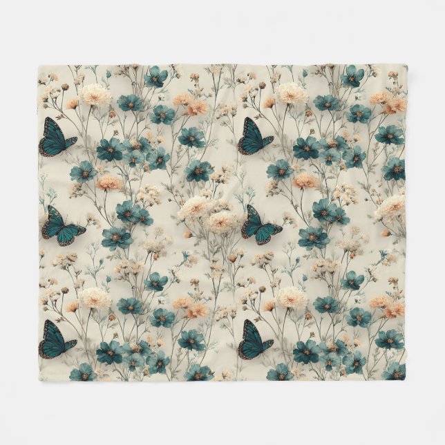 Vintage Spring Flowers and Butterflies Fleecedecke (Vorderseite (Horizontal))