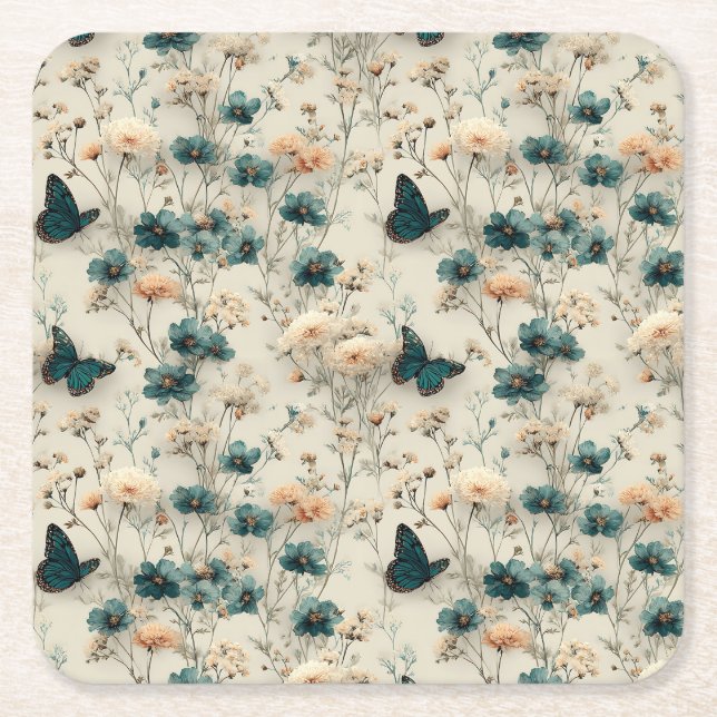Vintage Spring Flowers and Butterflies Rechteckiger Pappuntersetzer (Vorderseite)