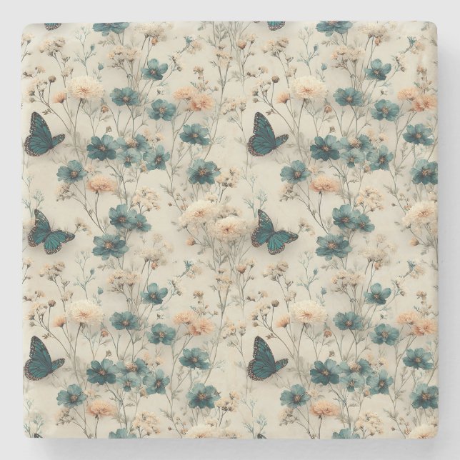 Vintage Spring Flowers and Butterflies Steinuntersetzer (Vorderseite)