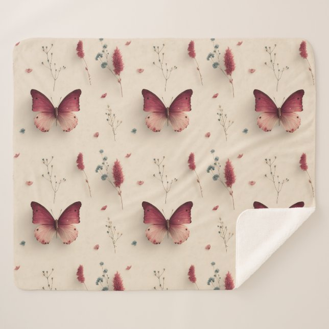 Vintage Spring Flowers & Blush Butterfly Sherpadecke (Vorderseite (Horizontal))