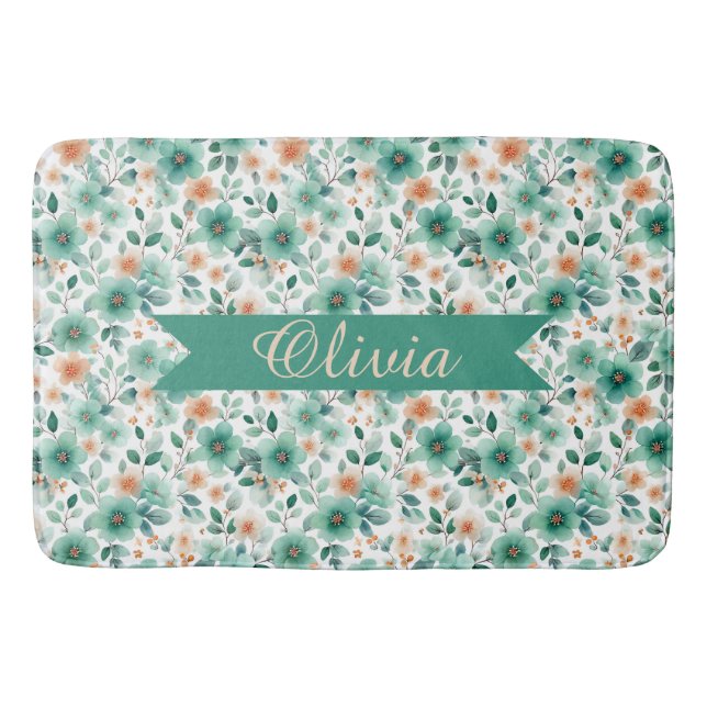 Vintage Spring Green Floral Personalized Badematte (Vorderseite)