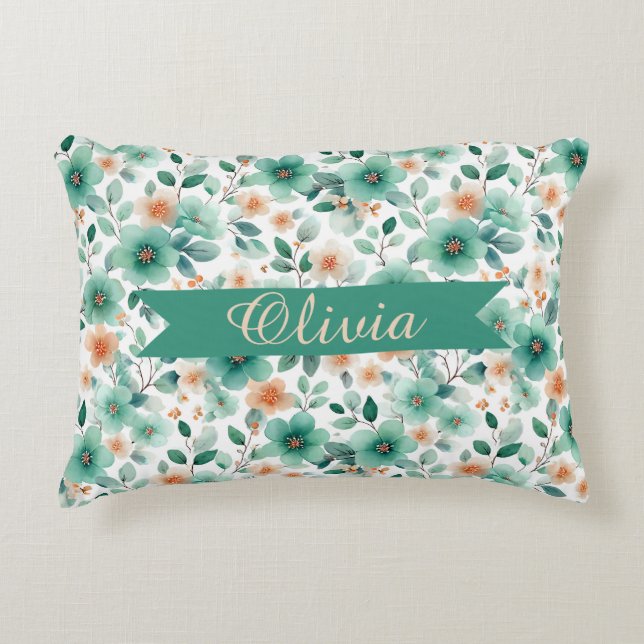 Vintage Spring Green Floral Personalized Dekokissen (Vorderseite)