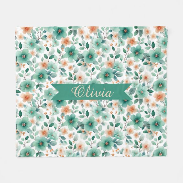 Vintage Spring Green Floral Personalized Fleecedecke (Vorderseite (Horizontal))