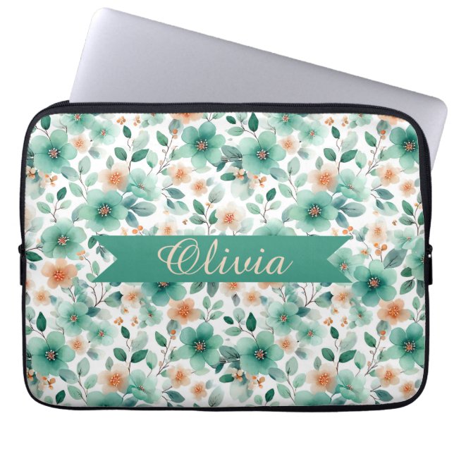 Vintage Spring Green Floral Personalized Laptopschutzhülle (Vorderseite)