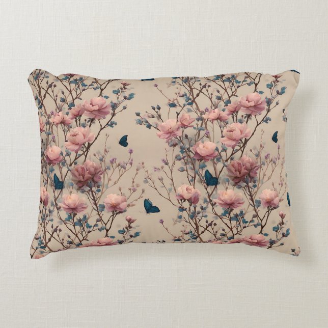 Vintage Spring Roses with Blue Butterflies Dekokissen (Vorderseite)