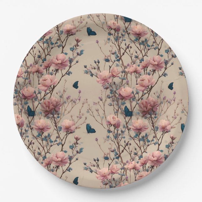 Vintage Spring Roses with Blue Butterflies Pappteller (Vorderseite)