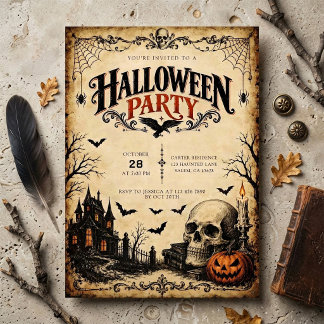 Vintage Spukhaus- und Totenkopf-Halloween-Party Einladung