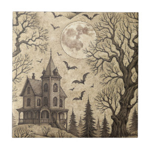 Vintage Spukhaus & Vollmond Fliese
