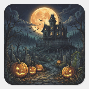 Vintage-spukiges Halloween Spukhaus & Kürbis Quadratischer Aufkleber
