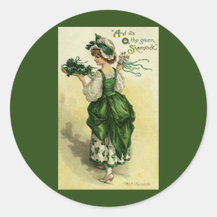 Vintage St. Patrick's Day, Frau mit grünen Shamroc Runder Aufkleber