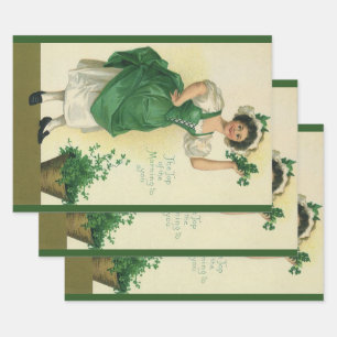 Vintage St. Patrick's Day Irische Maid mit Kleebla Geschenkpapier Set