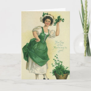 Vintage St. Patrick's Day Irische Maid mit Kleeblä Karte