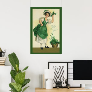 Vintage St. Patrick's Day Irische Maid mit Kleeblä Poster