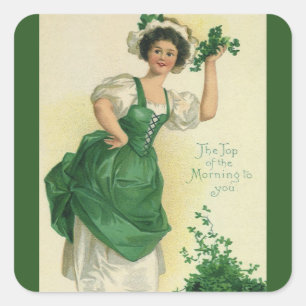 Vintage St. Patrick's Day Irische Maid mit Kleeblä Quadratischer Aufkleber