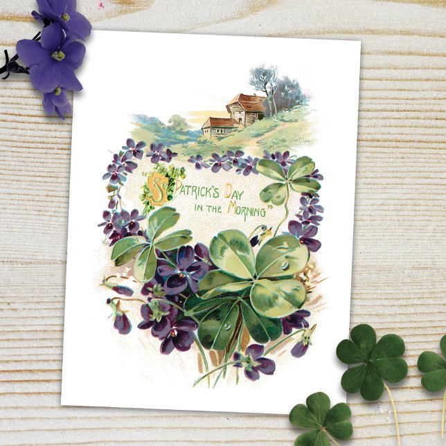 Vintage St. Patrick's Day Kleeblatts & Violets Postkarte (Von Creator hochgeladen)