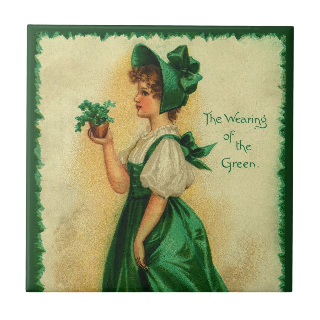 Vintage St. Patrick's Day Mädchen mit grüner Kleid Fliese (Vorderseite)