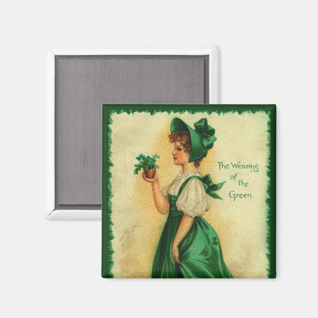 Vintage St. Patrick's Day Mädchen mit grüner Kleid Magnet (Vorderseite/Rückseite)