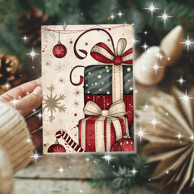 Vintage Stacked Christmas Gifts Retro Ornaments Karte (Stacked gifts, candy canes, and retro sparkle make this card a holiday favorite)