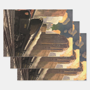 Vintage Stadt, T1 Duplex-Zug auf Eisenbahnstrecken Geschenkpapier Set