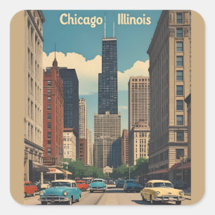 Vintage Stadtansicht Chicago Illinois Retro Reise Quadratischer Aufkleber