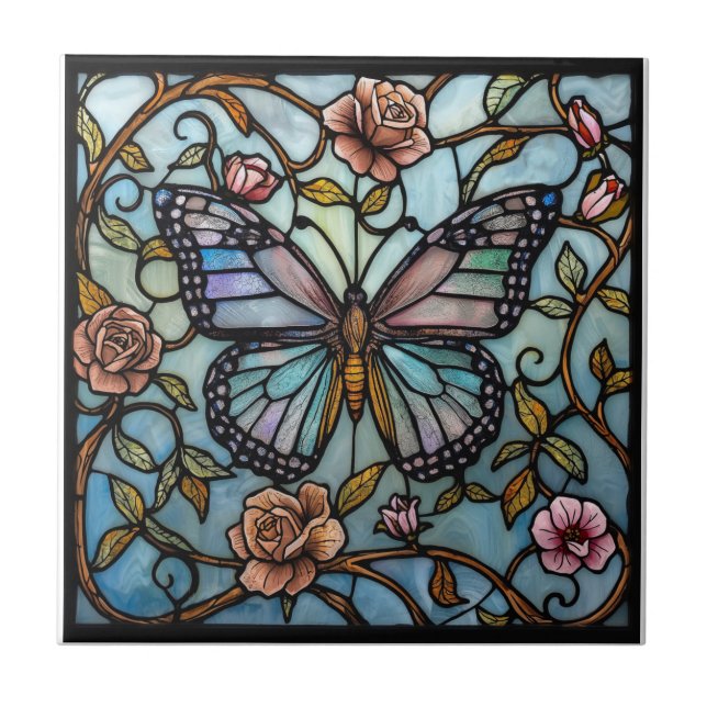 vintage stain glass blue butterfly art  fliese (Vorderseite)