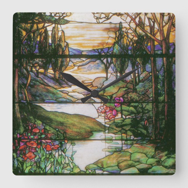Vintage Stained Glass Clock Quadratische Wanduhr (Vorderseite)