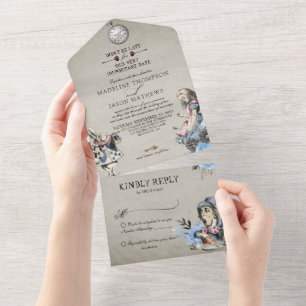 Vintage-Staubblau-Alice-im-Wunderland-Hochzeit All In One Einladung