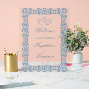 Vintage Staubblau Spitze Eleganter Schwan Hochzeit Acrylschild