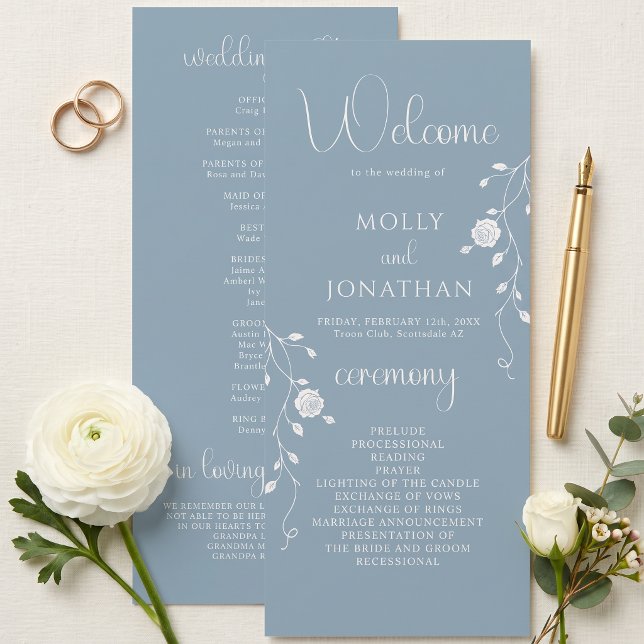 Vintage staubblaue Rosenranken-Hochzeitsprogramm Programm (Von Creator hochgeladen)