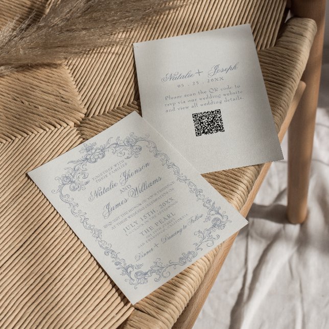 Vintage Staubblaues Geld QR-Code Hochzeit Einladung (Von Creator hochgeladen)