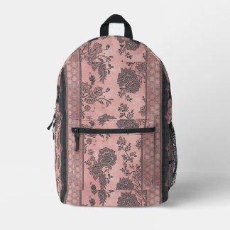 Vintage Staubrosa & schwarze Spitzenrose Blumen-Ku Bedruckter Rucksack