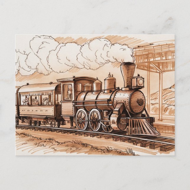 Vintage Steam Engine Train Sketch Postkarte (Vorderseite)