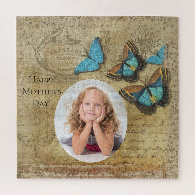 Vintage-Steampunk-blaue-Schmetterlinge-Muttertag Puzzle (Vertikal)