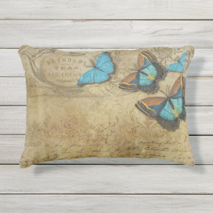 Vintage Steampunk Blue Butterfells auf Parchment Kissen Für Draußen