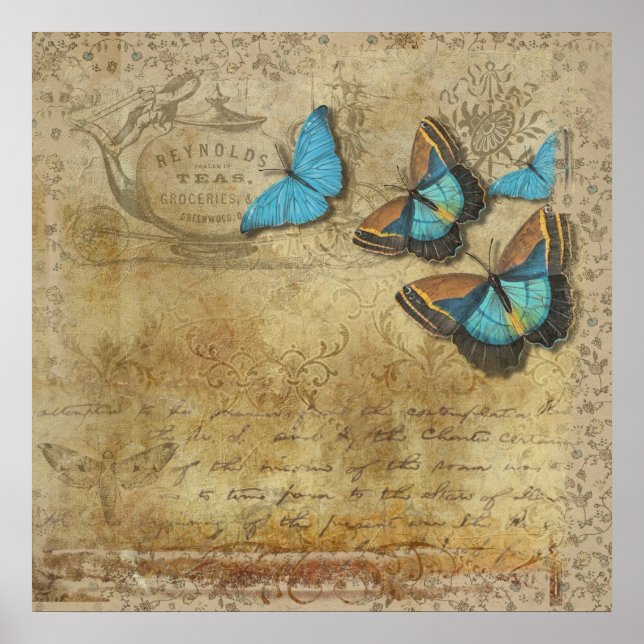 Vintage Steampunk Blue Butterfells auf Parchment Poster (Vorne)