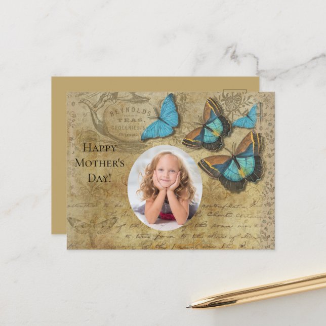 Vintage Steampunk Blue Butterfells auf Parchment Postkarte (Vorderseite/Rückseite Beispiel)