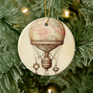 Vintage-Steampunk-Blumen-Heißluftballon Keramik Ornament