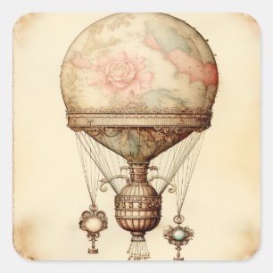 Vintage-Steampunk-Blumen-Heißluftballon Quadratischer Aufkleber