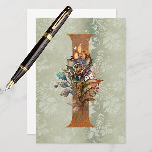 Vintage-Steampunk-Blumen-Postkarte mit Buchstabe I Mitteilungskarte