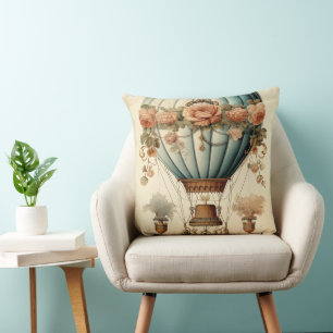 Vintage-Steampunk-Blumenmuster-blauer Heißluftball Kissen