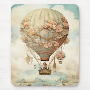 Vintage-Steampunk-Blumenmuster-blauer Heißluftball Mousepad