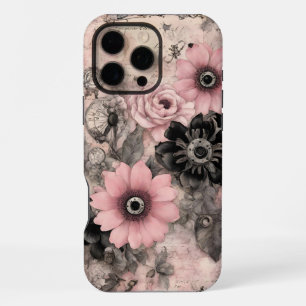 Vintage-Steampunk-Boho-Rosa-&-Schwarz-Blumenmuster iPhone 16 Pro Max Hülle