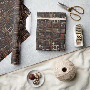 Vintage-Steampunk-Bücherregal Mechanische Wunder Geschenkpapier