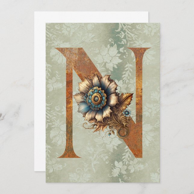 Vintage Steampunk-Floral Letter N-Mitteilungskarte Mitteilungskarte (Vorne/Hinten)