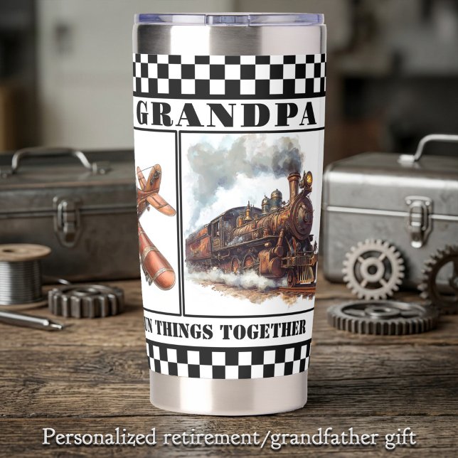Vintage Steampunk-Grandpa-Rente Thermobecher (Thermal tumbler with steampunk images of a train, plane and car - grandpa retirement or birthday)