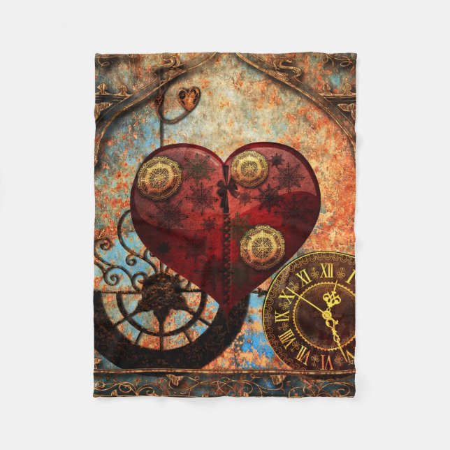Vintage Steampunk Herz-Tapete Fleecedecke (Vorderseite)