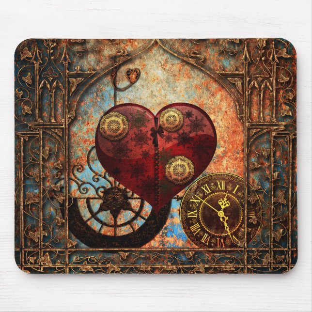 Vintage Steampunk Herz-Tapete Mousepad (Vorne)